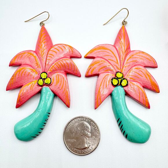 Vintage Palm Tree Huge Hand Painted Earrings Wood Miami Kitschy Wacky Fun Beachy - Picture 4 of 8
